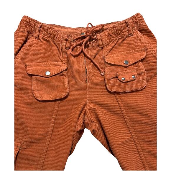 Free People L Tahiti Corduroy Cargo Pants Rust Orange Utility Pockets - Picture 6 of 9